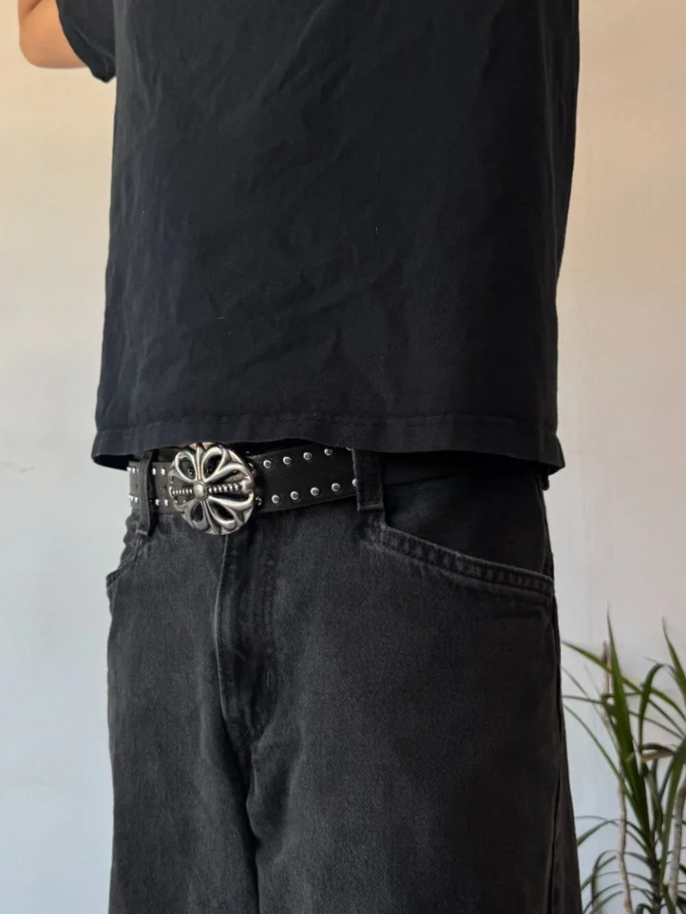 Black Faux Leather Studded Silver Cross Buckle Belt